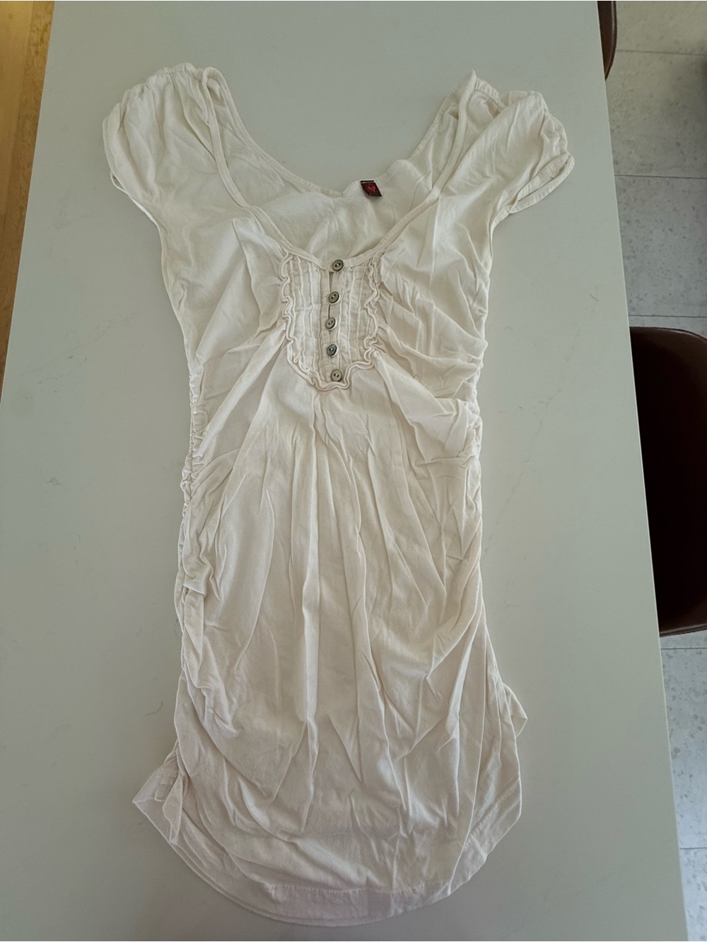 Vintage Language White Ruched Button-Front Scoop Neck Top